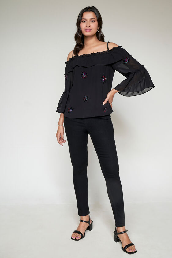 Black Embellished Off-Shoulder Top, Black, image 3
